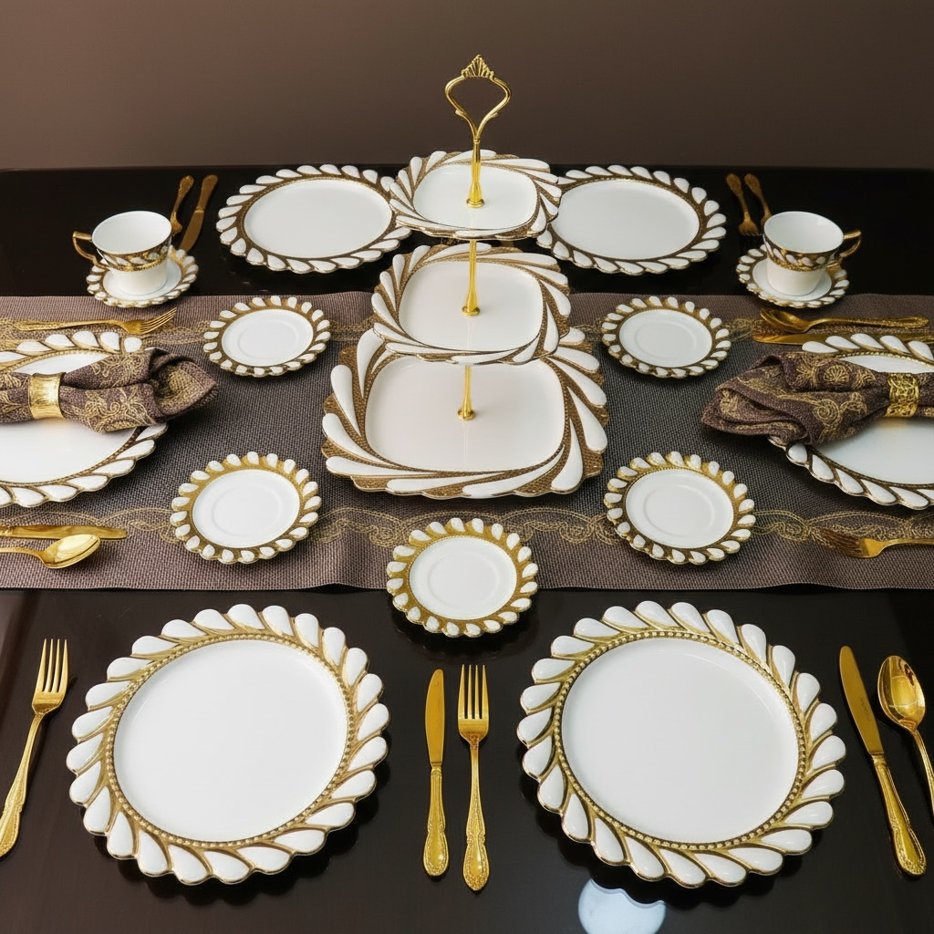Ivory Royal Gold Tea/Coffee, Snacks & Desert Set - VALUE PACK (19 Pieces; 6 Cups, 6 Saucers, 6 Snack plates)