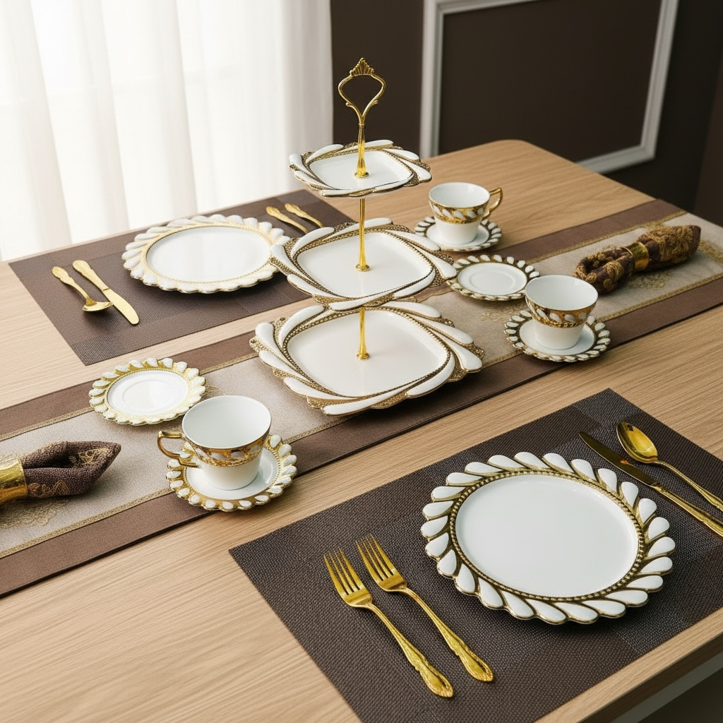 Ivory Royal Gold Tea/Coffee, Snacks & Desert Set - VALUE PACK (19 Pieces; 6 Cups, 6 Saucers, 6 Snack plates)