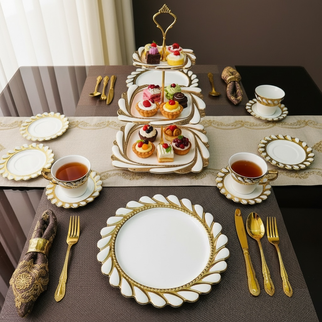 Ivory Royal Gold Tea/Coffee, Snacks & Desert Set - VALUE PACK (19 Pieces; 6 Cups, 6 Saucers, 6 Snack plates)