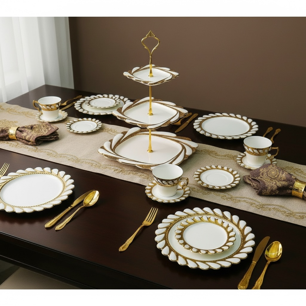 Ivory Royal Gold Tea/Coffee, Snacks & Desert Set - VALUE PACK (19 Pieces; 6 Cups, 6 Saucers, 6 Snack plates)