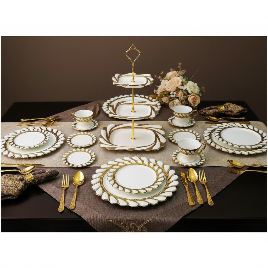 Ivory Royal Gold Tea/Coffee, Snacks & Desert Set - VALUE PACK (19 Pieces; 6 Cups, 6 Saucers, 6 Snack plates)