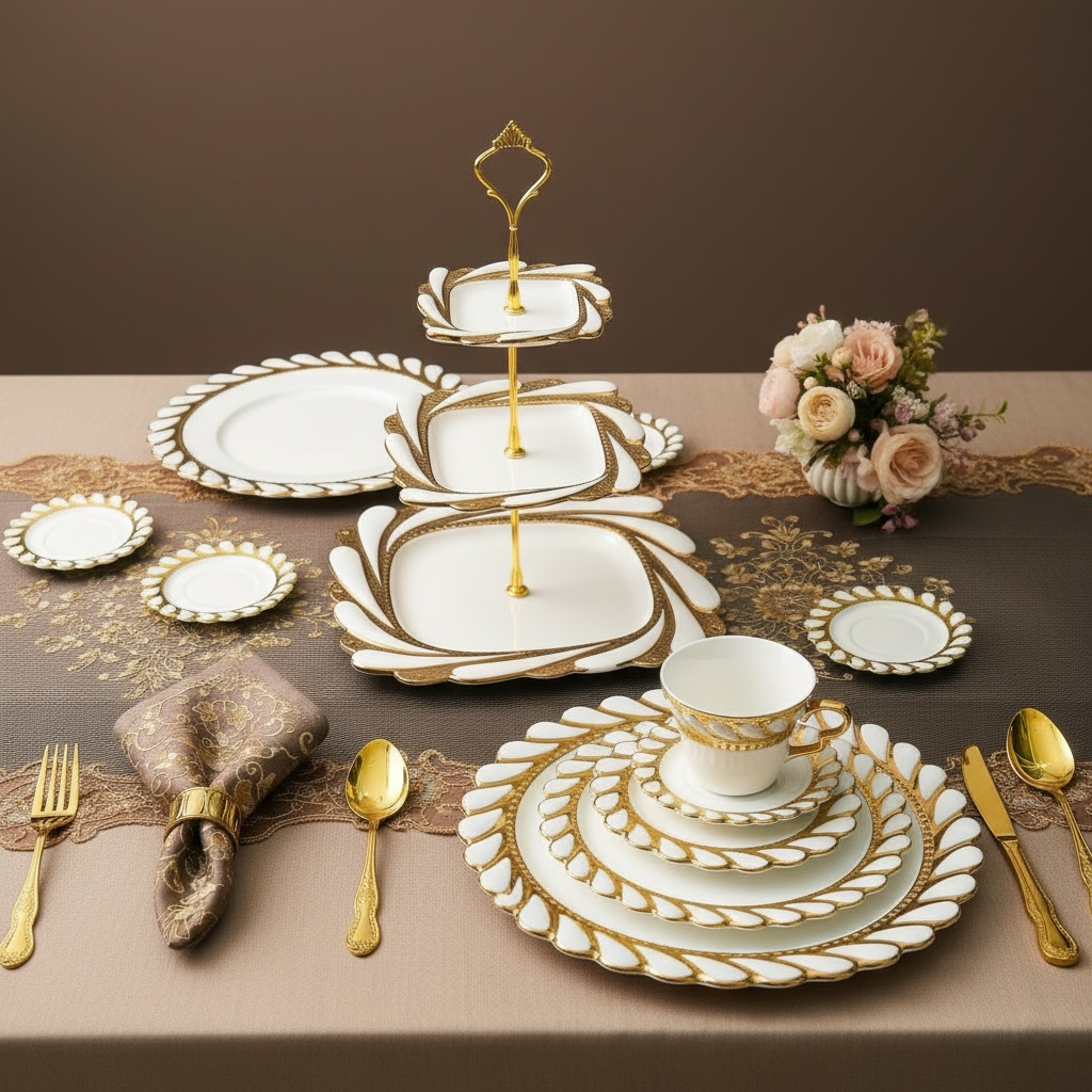 Ivory Royal Gold Tea/Coffee, Snacks & Desert Set - VALUE PACK (19 Pieces; 6 Cups, 6 Saucers, 6 Snack plates)