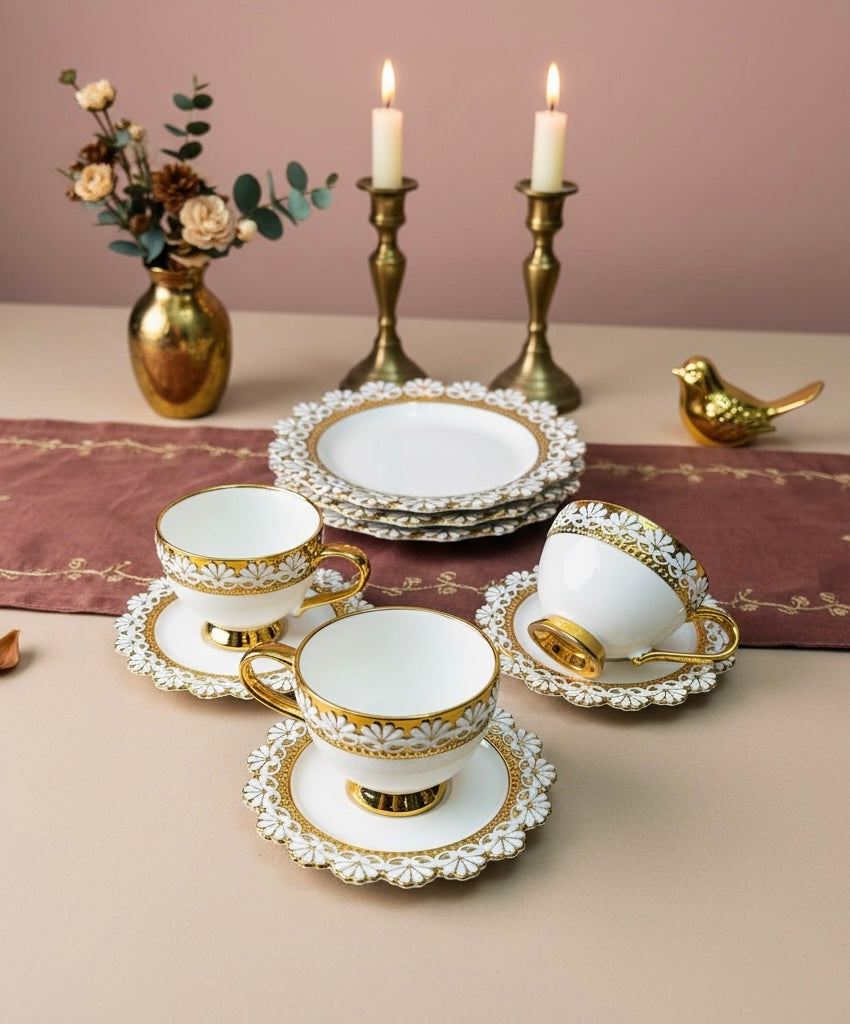 Palais de Versailles Gold Tea/Coffee & Snacks Set (18 Pieces; 6 Cups, 6 Saucers, 6 Snack plates)