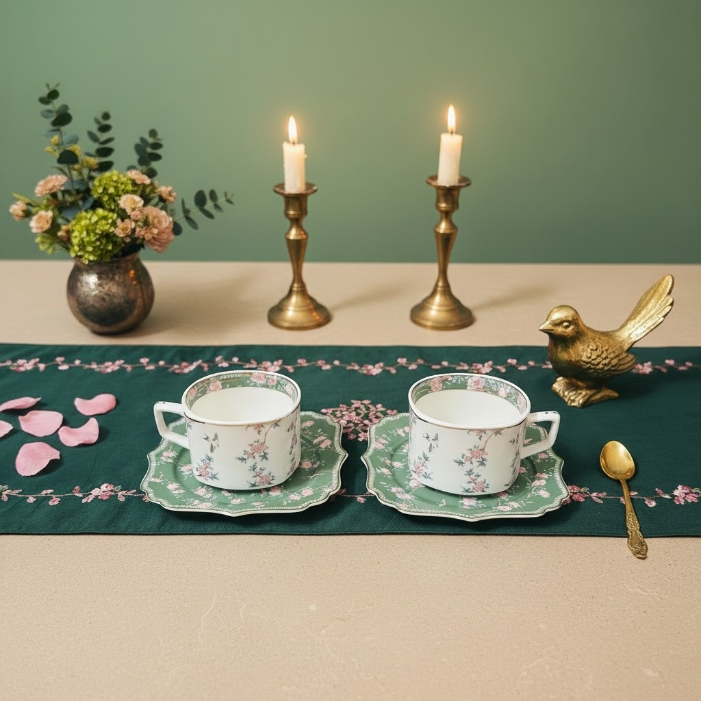 Mayfair Mystique Tea/Coffe-Snack-Deset Stand Set (31 Pieces; 6 Cups, 6 Saucers, 6 Snack Plates, 6 Bowls & 6 Spoons & Desert Stand)