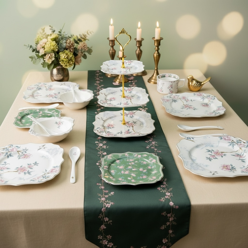 Mayfair Mystique Tea/Coffe-Snack-Deset Stand Set (31 Pieces; 6 Cups, 6 Saucers, 6 Snack Plates, 6 Bowls & 6 Spoons & Desert Stand)
