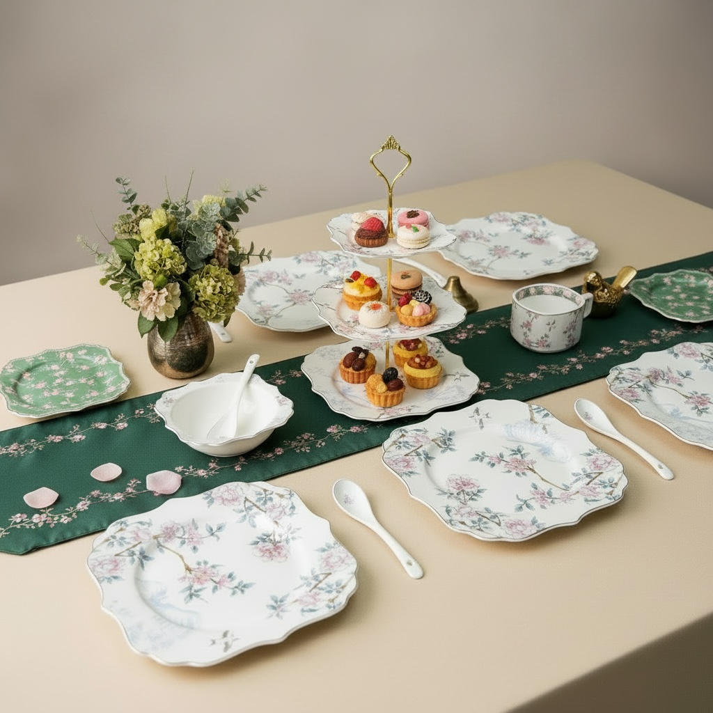 Mayfair Mystique Tea/Coffe-Snack-Deset Stand Set (31 Pieces; 6 Cups, 6 Saucers, 6 Snack Plates, 6 Bowls & 6 Spoons & Desert Stand)