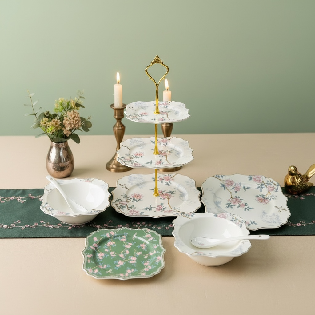 Mayfair Mystique Tea/Coffe-Snack-Deset Stand Set (31 Pieces; 6 Cups, 6 Saucers, 6 Snack Plates, 6 Bowls & 6 Spoons & Desert Stand)