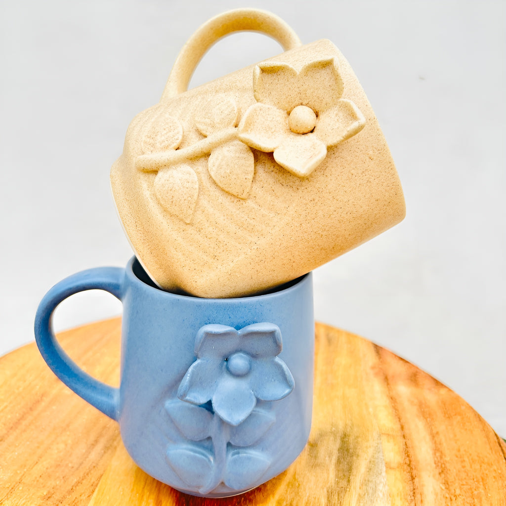 Earth Bloom Embossed Floral Handmade Ceramic Mug (set of 2)