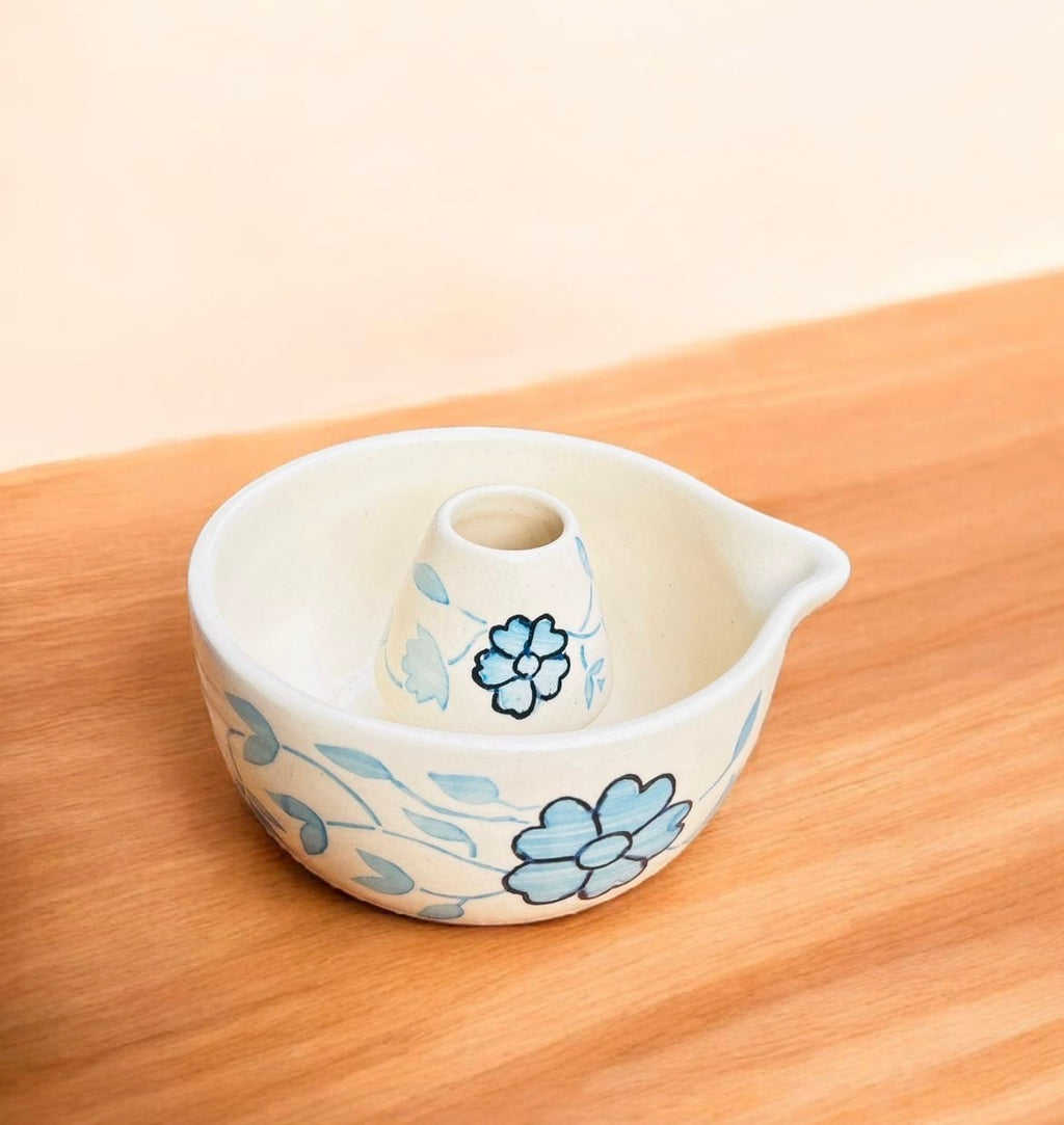 Blue Blossom Ceramic Matcha Set (Bowl + Whisk Holder) - Premium Ceramic & 100% Chemical Free