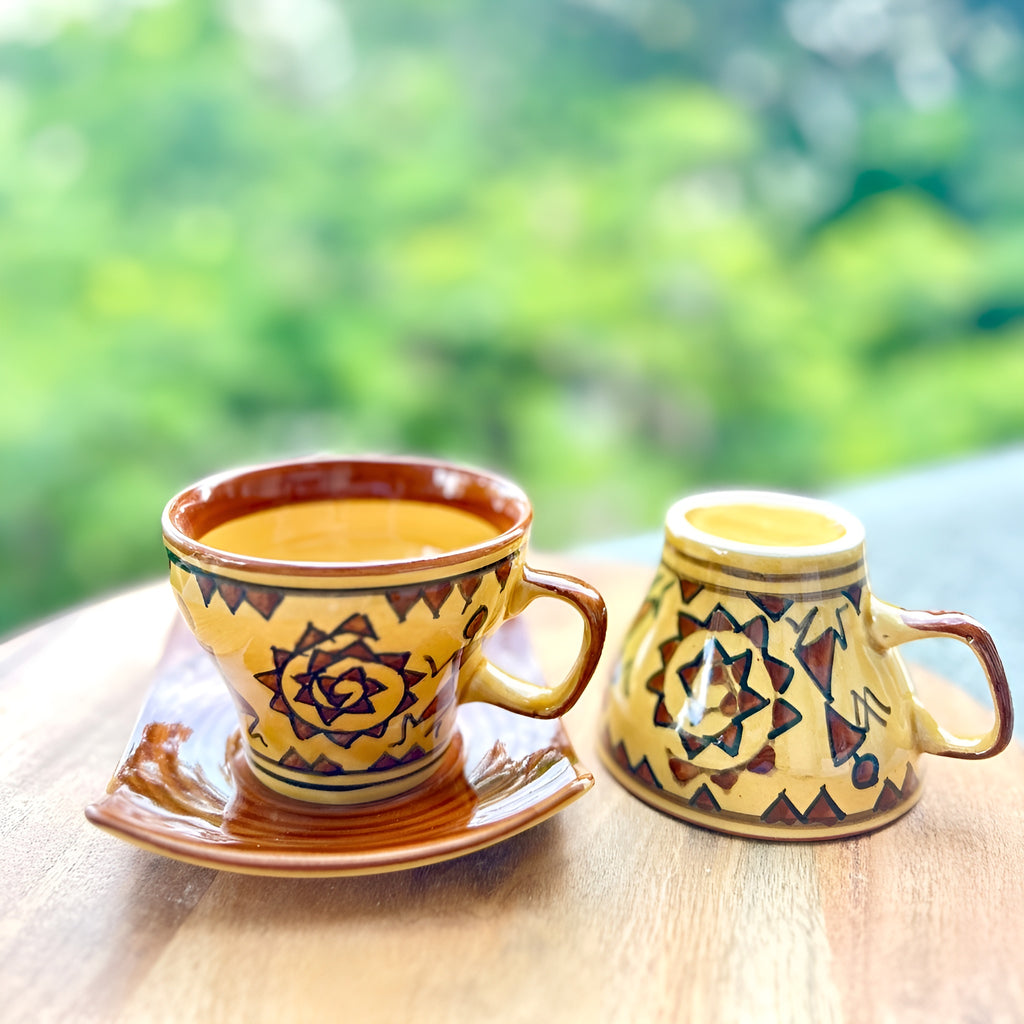 Warli Art Ceramic Tea/Coffee Cup Saucer Set (8 pieces)